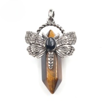 Yellow Tiger Eye Stone Hexagonal Pillar Silver Dragonfly Pendant for DIY Making Jewelry