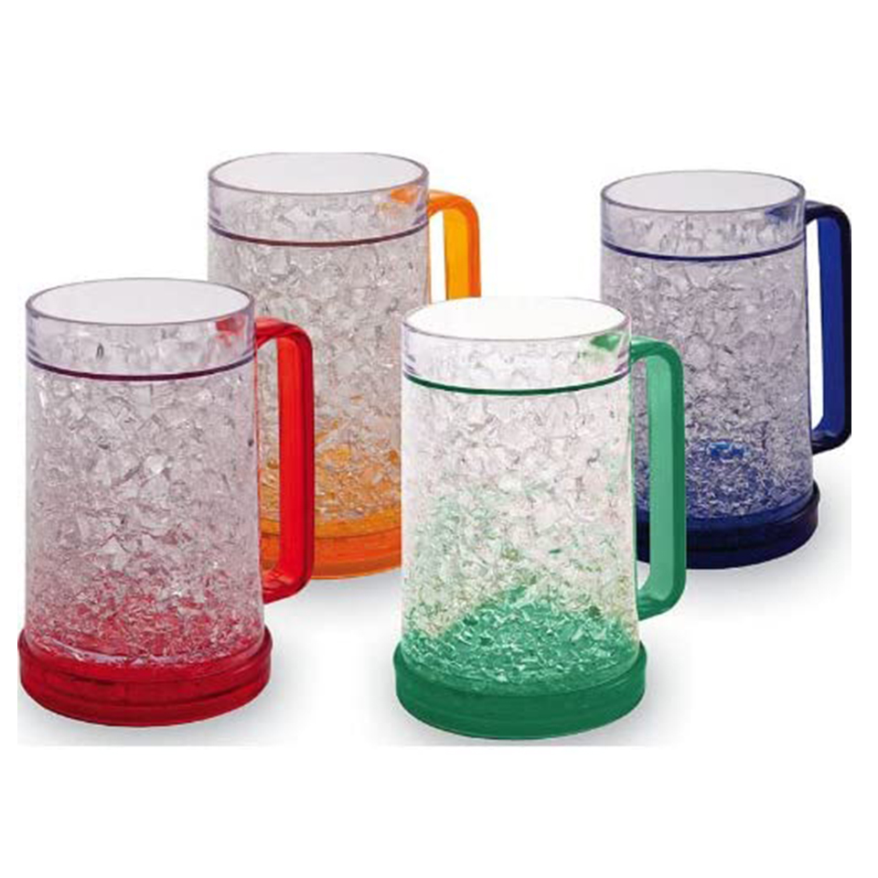 Double Wall Gel Frosty Beer Mugs, Freezer Ice Mugs, Drinking Glasses 16oz, Clear Set of 4, Assorted Colors (Red, Yellow, Blue, O