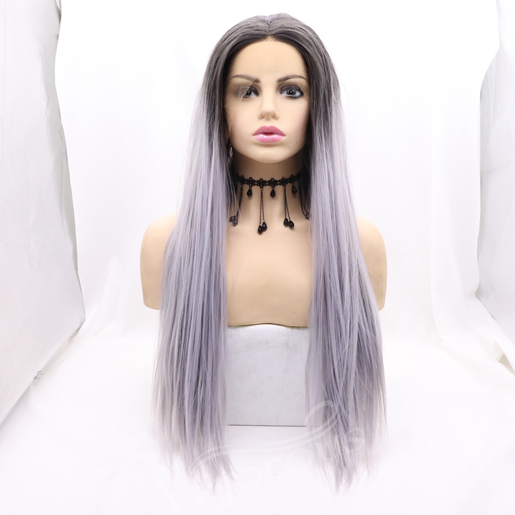 Vigorous ombre purple long straight premium high quality wholesale black women synthetic hair wigs with lace front