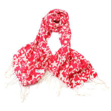 Flower Print Fringed Shawl Woolen Stole in Red