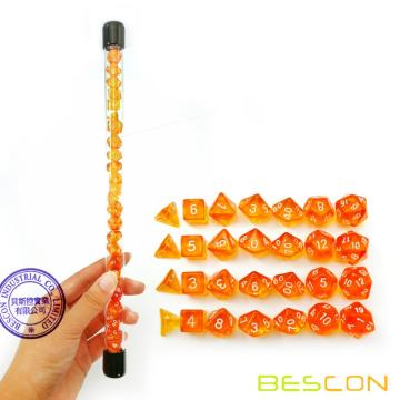 Bescon 28pcs Translucent Orange Mini Polyhedral Dice Set en Tube, Dungeons and Dragons RPG Dice 4X7pcs, Mini Gem Dice Set
