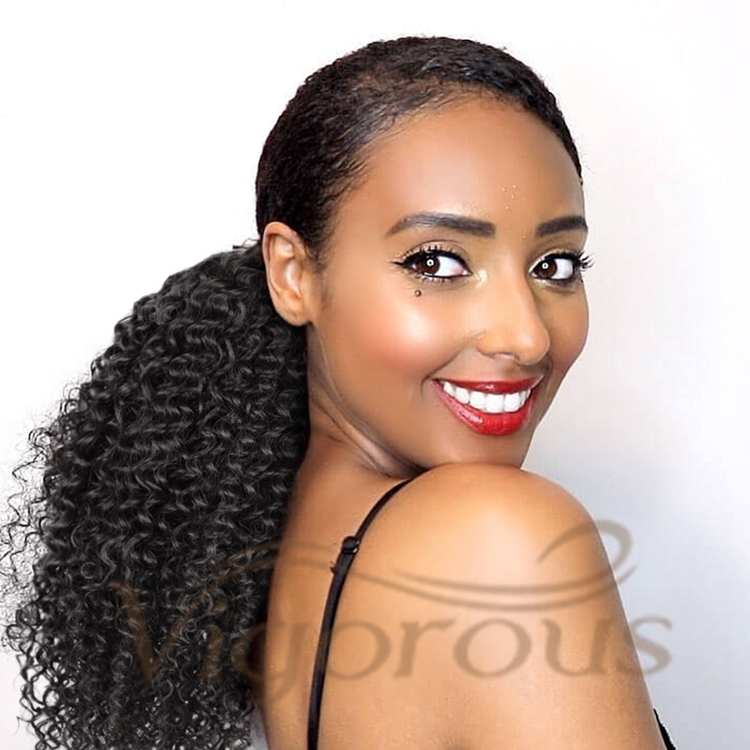Vigorous High Quality Middle Long Kinky Curly Black Fluffy Heat Resistant Fiber Drawstring Synthetic Ponytail Hair Extension