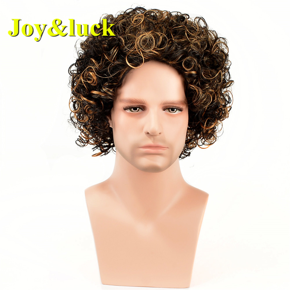 Wholesale Wigs for Men Brown Mix Gold Color Male High Temperature Fiber Short Natural Curly Men Wigs Synthetic Hair Wigs