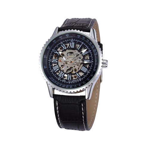 oem luxury genuine leather band automatic skeleton black man watches