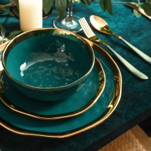 Stone Lain Florian Modern Porcelain 16 Piece Dinnerware Set, Plates and Bowls Set, Dish set for 4, Green and Golden Rim