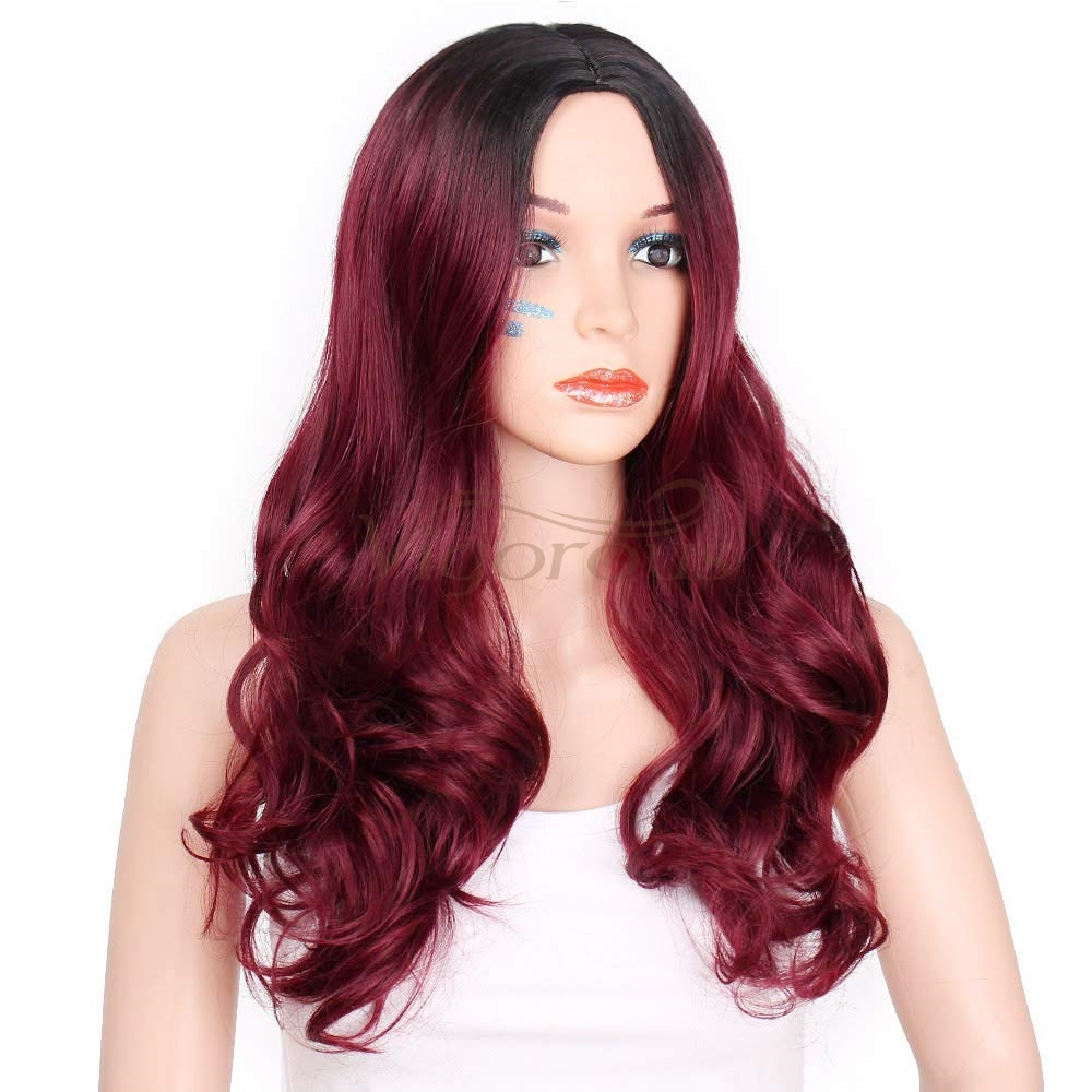Vigorous Fiber for Women Long Curly Ombre Black to Red Wavy Synthetic Party Middle Part Cosplay Full Wigs
