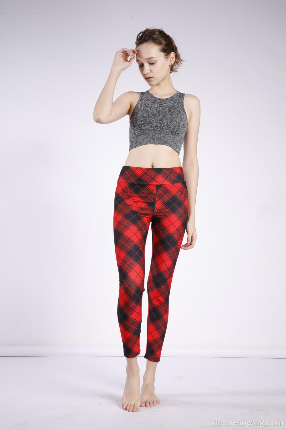 Damen Tartan Bedruckte Leggings mit hoher Taille und hoher Elastik