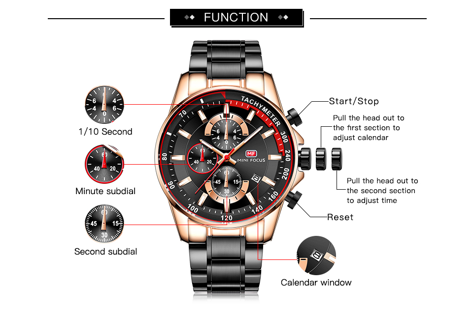 MINI FOCUS MF0218G Men's Quartz Watches Stainless Steel Strap Waterproof Chronograph Business Waterproof Wrist Watch