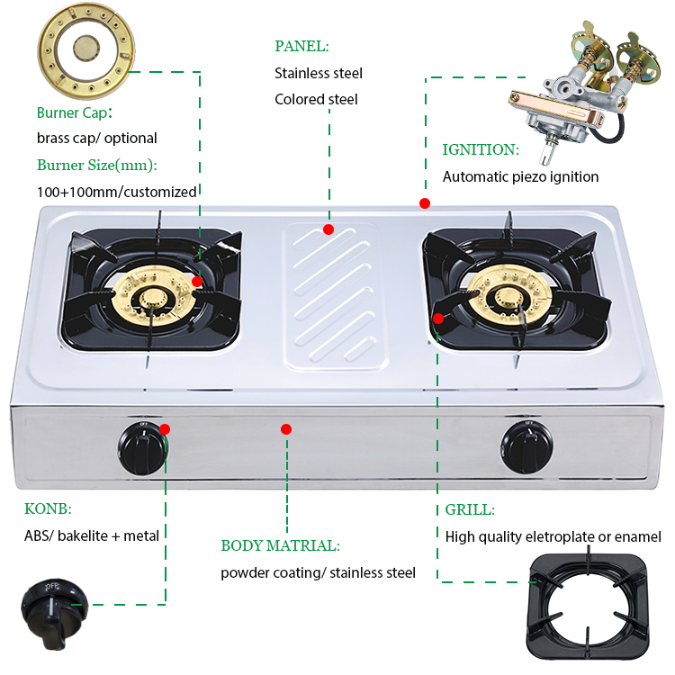 Fogão a gás, mesa portátil de aço inoxidável Ce cooktops domésticos