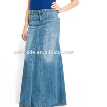 Styles cotton plain long denim skirt wholesale ladies long denim skirts design