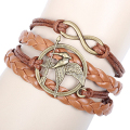 Hunger Games fåglar infinity armbanden ljus brunt läderarmband DIY antik brons metall heta säljer armband Partihandel