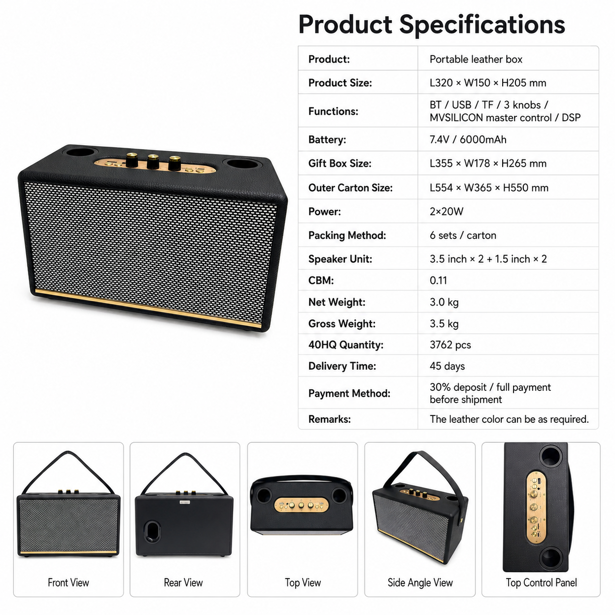 40W Deri Ahşap Bluetooth Hoparlör 40W Leather Wooden Bluetooth Speaker