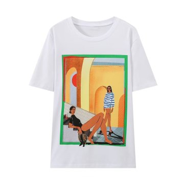 KAR&OT ZA Women's Resort Style Printed White Cotton T-Shirt