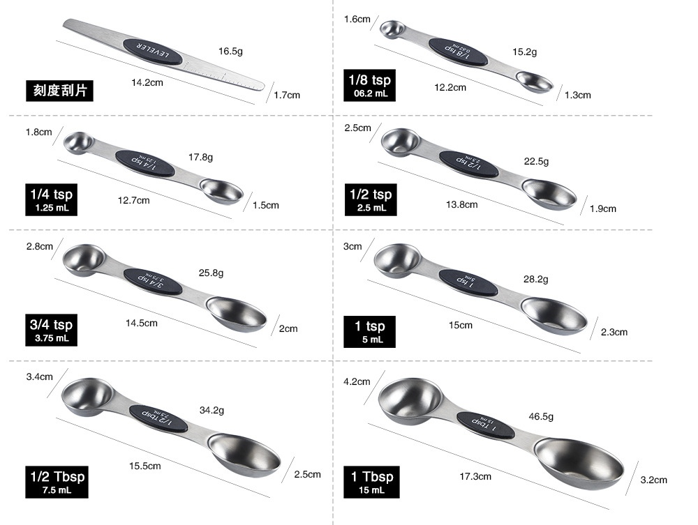 Yuming Multifunctional Kitchen 8pcs Measuring Spoon Scoop Stainless Steel Set with lever Double Side Stackable Scoop