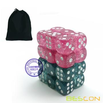 Bescon Ethereal Glitter 12mm 6 Sided Game Dice Set of 24pcs in Velvet drawstring Pouch, Pink and Teal (12pcs of each color)