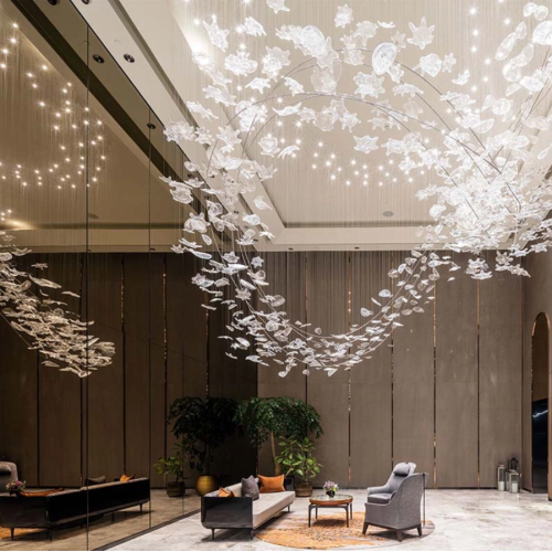 Large crystal ceiling chandelier in the lobby
