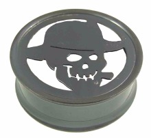 Black Acrylic Flesh Tunnel with logos and rim stones