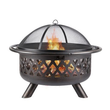 Bronze Fire Bowl with Spark Screen - Large Black Crossweave Garden Fire Pit