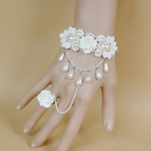 Rose Pearl Tassel Charm Lace Bracelet With Ring Set Bangle