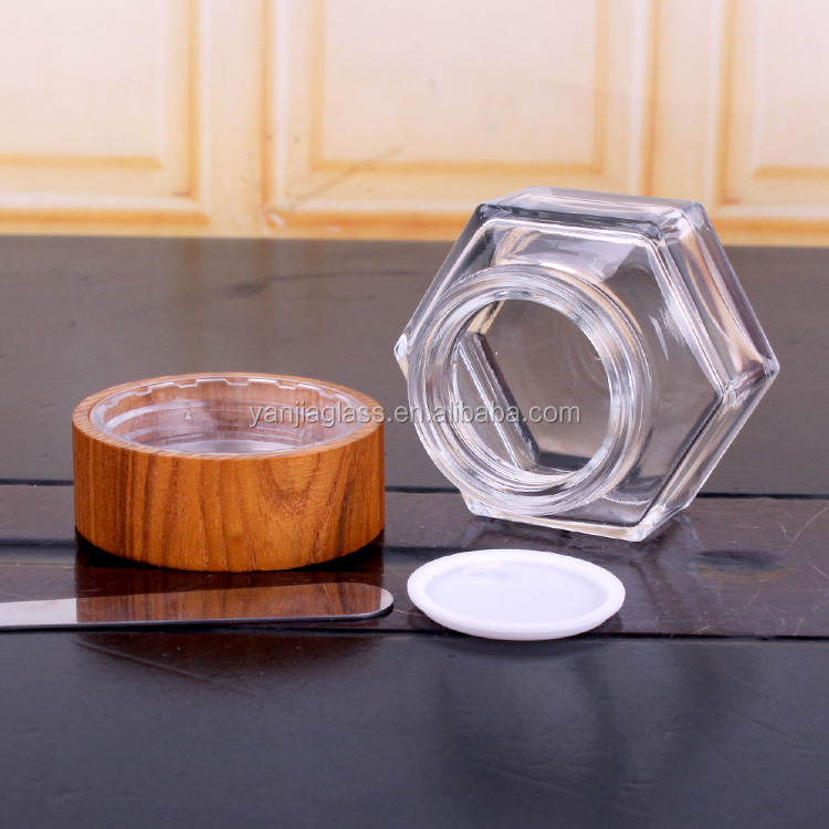 50ml Hexagonal glass mask bottle with wood lid