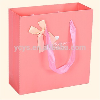 Wedding gift packaging paper bags, luxury pink paper shopping bags with ribbon handle, extra large paper bags