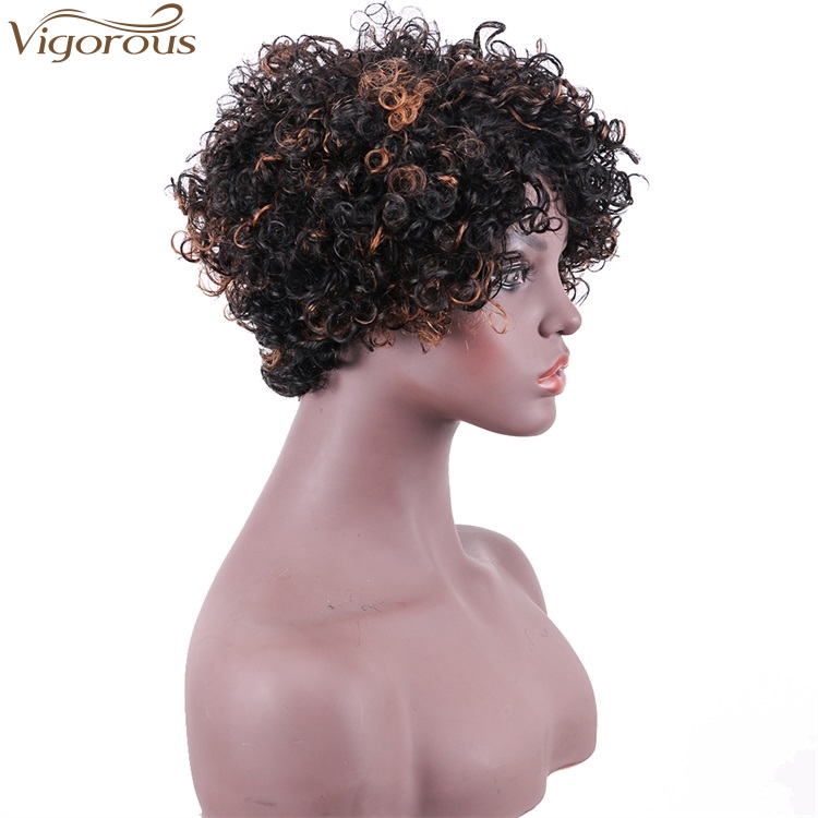Vigorous Afro Kinky Curly Wigs for Black Women Black Mixed Brown Side Part Short Human Hair Wholesale Price