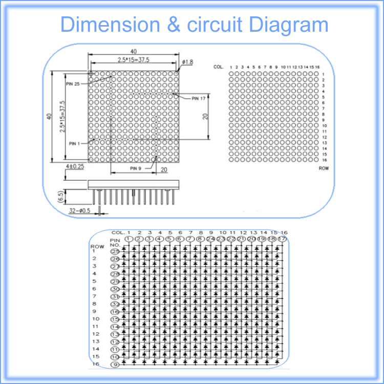 Factory Direct sales 16x16 dot matrix led display 60x60mm brighter led dot matrix display 16x16 DIP 7-segment led dot matrix