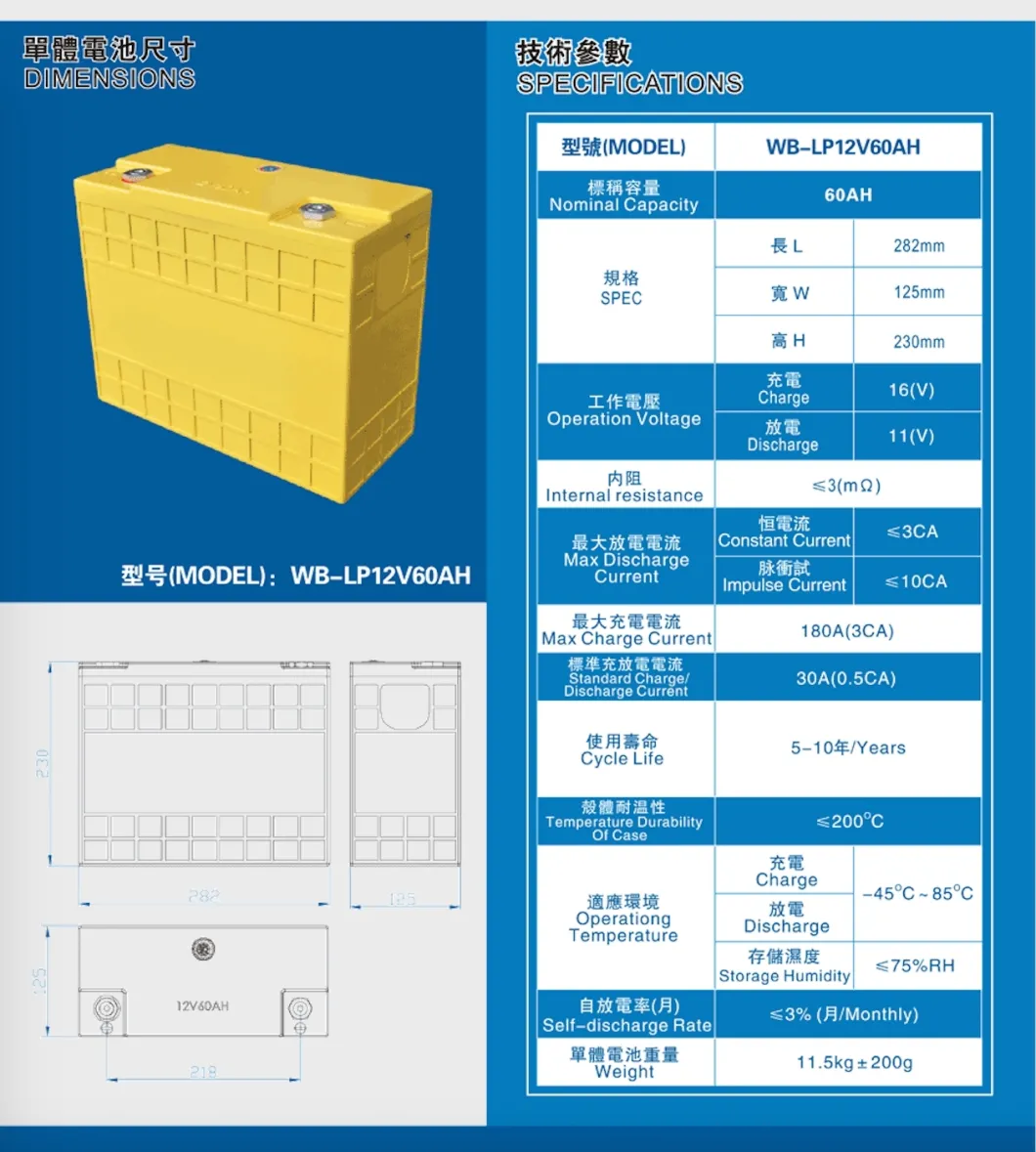 LiFePO4 12V60ah Lithium LiFePO4 Battery for RV/Solar System/Yacht/Golf Carts Storage