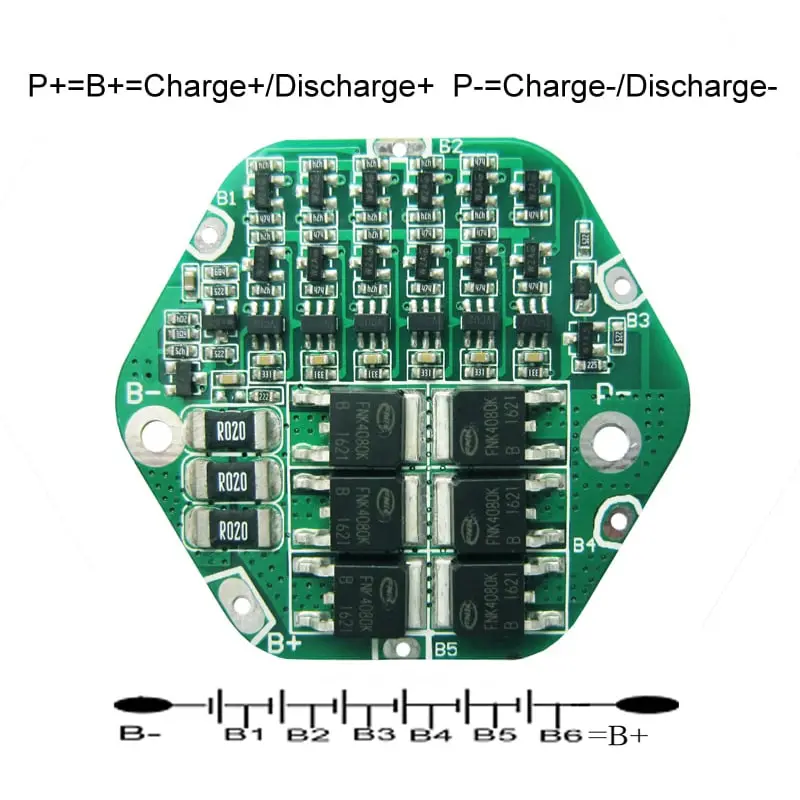 6s 15A PCM BMS for 21.6V 22.2V Li-ion/Lithium/ Li-Polymer 18V 19.2V LiFePO4 Battery Pack Size L48*W44*T3.5mm (PCM-L06S15-C61)