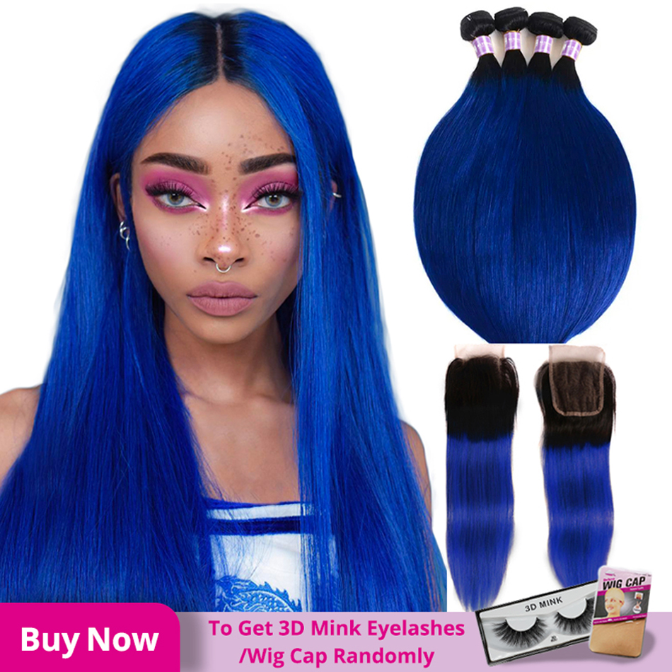 Ombre Color 1B Blue Straight Wave Hair, Wholesale Raw Remy Virgin Human Hair Weaving