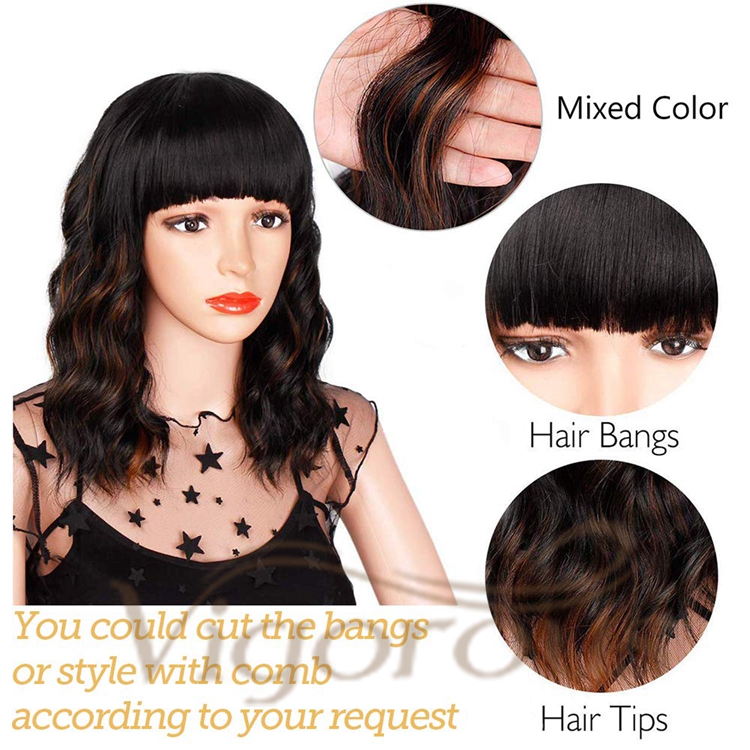 Vigorous Hot Selling Cheap Middle Long With Neat Bangs Mixed Brown Heat Resistant Fiber For Black Women Synthetic Hair Wigs
