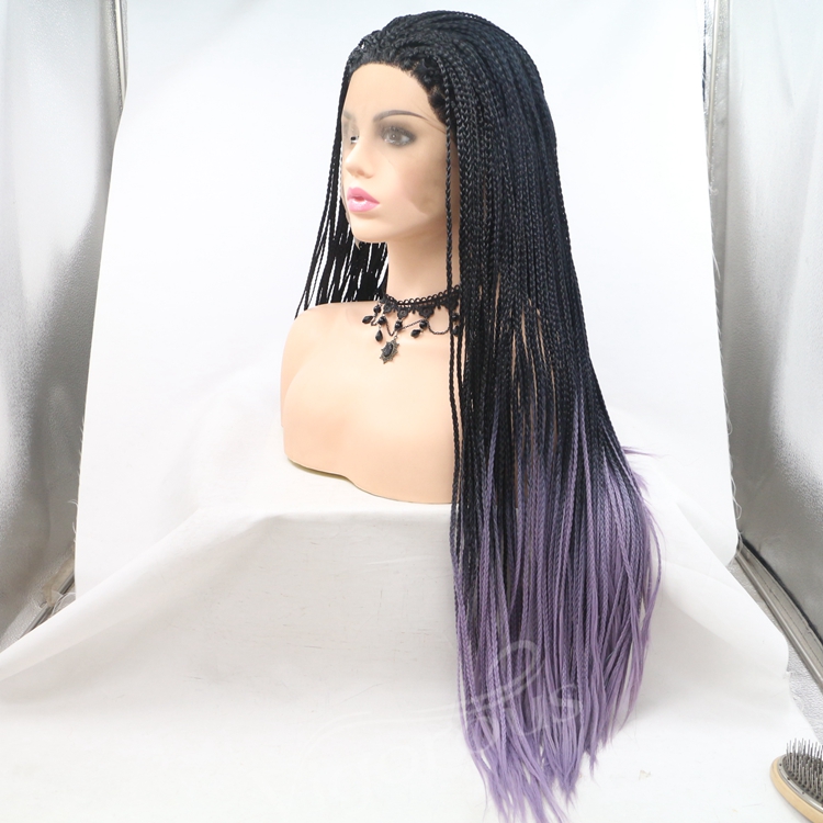 Long straight ombre black purple cheap wholesale high quality heat resistant synthetic braided wig lace front