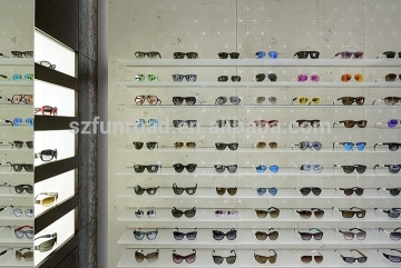 Illuminated eyewear glass display shelves optical store display cases