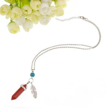 Red Jasper Feather Hexagonal Prism Pendant Choker Necklace