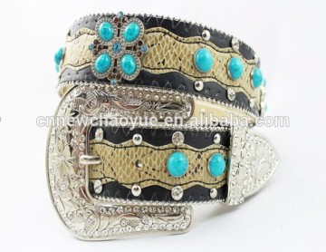 Turquoise rhinestone genuine leather cowgirl belt for woman