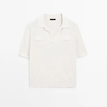 Women's simple pure cotton polo collar short sleeved knitted sweater