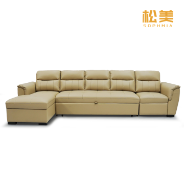 Beige Faux Leather L-Shaped Sleeper Sectional Sofa