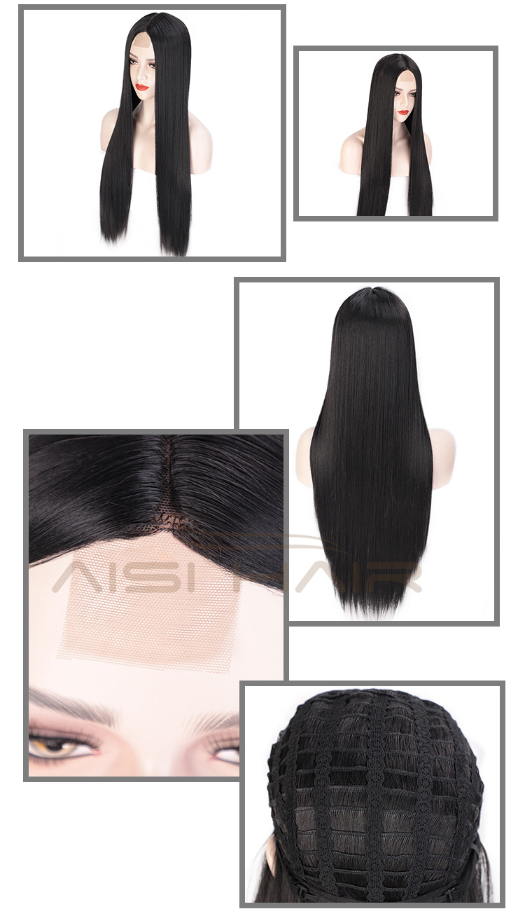 Aisi Hair 26 inch Natural Black Wig Long Silky Straight Lace Frontal Wig Middle Part Synthetic Front Lace Hair Wigs For Women