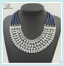 2015 Wholesale Dark Blue Bead Chain Necklace Designs, Rhinestone Silver Bib Necklace for Women
