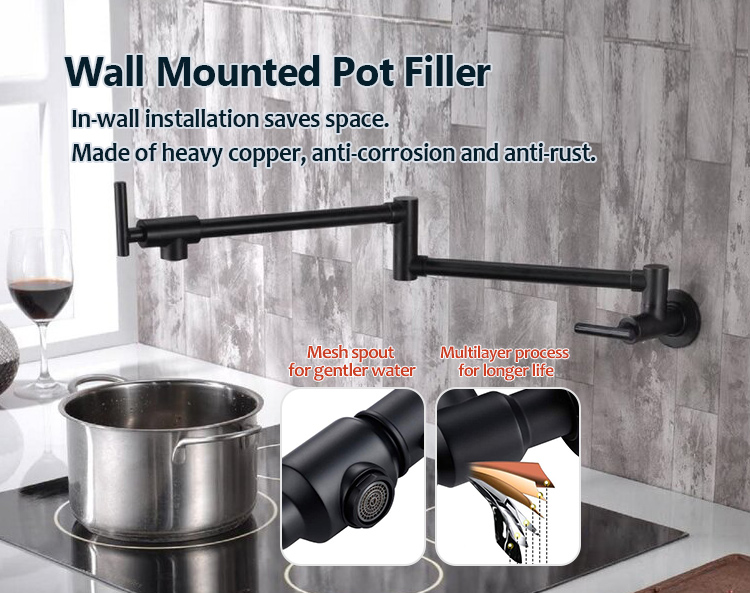 Cupc Wall Mounted Pot Filler Faucet Brass Matte Black Stainless Steel Two Handles Wall Mount Pot Filler Kitchen Faucet For Sale