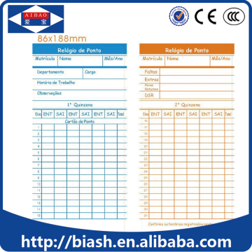 English/Portuguese Time card/attendance paper card/attendance punch time card