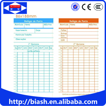 English/Portuguese Time card/attendance paper card/attendance punch time card