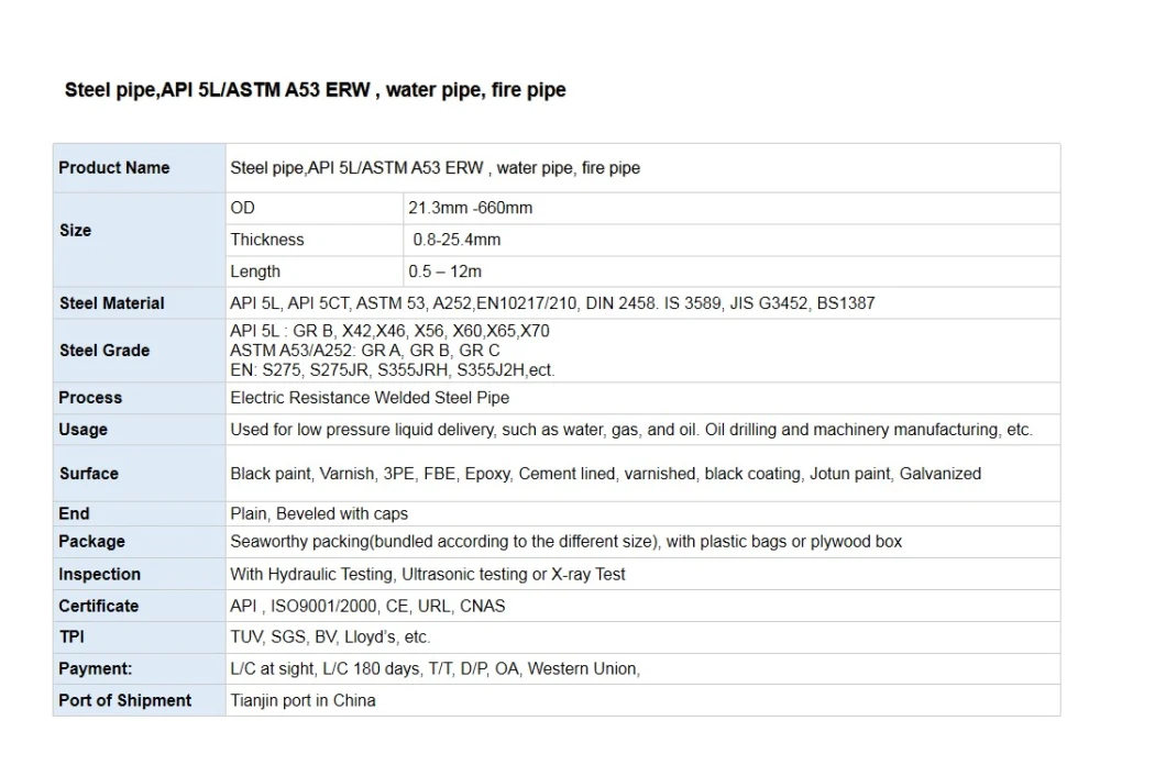 Standard API 5L API 5CT ASTM 53 En10217 DIN 2458 Is 3589 JIS G3452 BS1387 ERW Steel Pipe