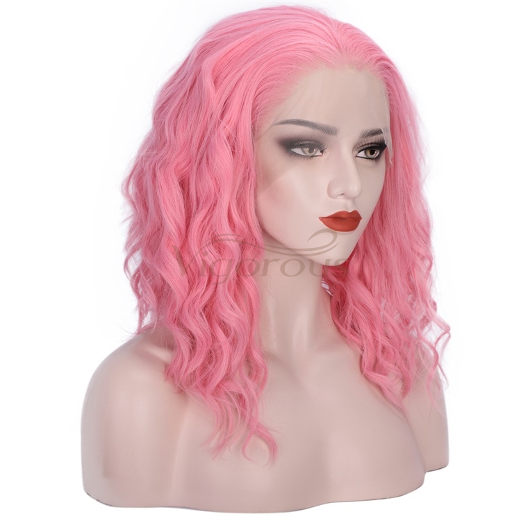 Vigorous Short Bob Wavy Lace Front Wigs for White Women Curly Wavy Pink Wig Heat Resistant Synthetic Free Part Cosplay Wig