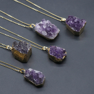 Natural Amethyst Cluster Pendant Healing Crystal Cluster Necklace Raw Gilded Edge Geode Decor Handmade Purple Crystal H