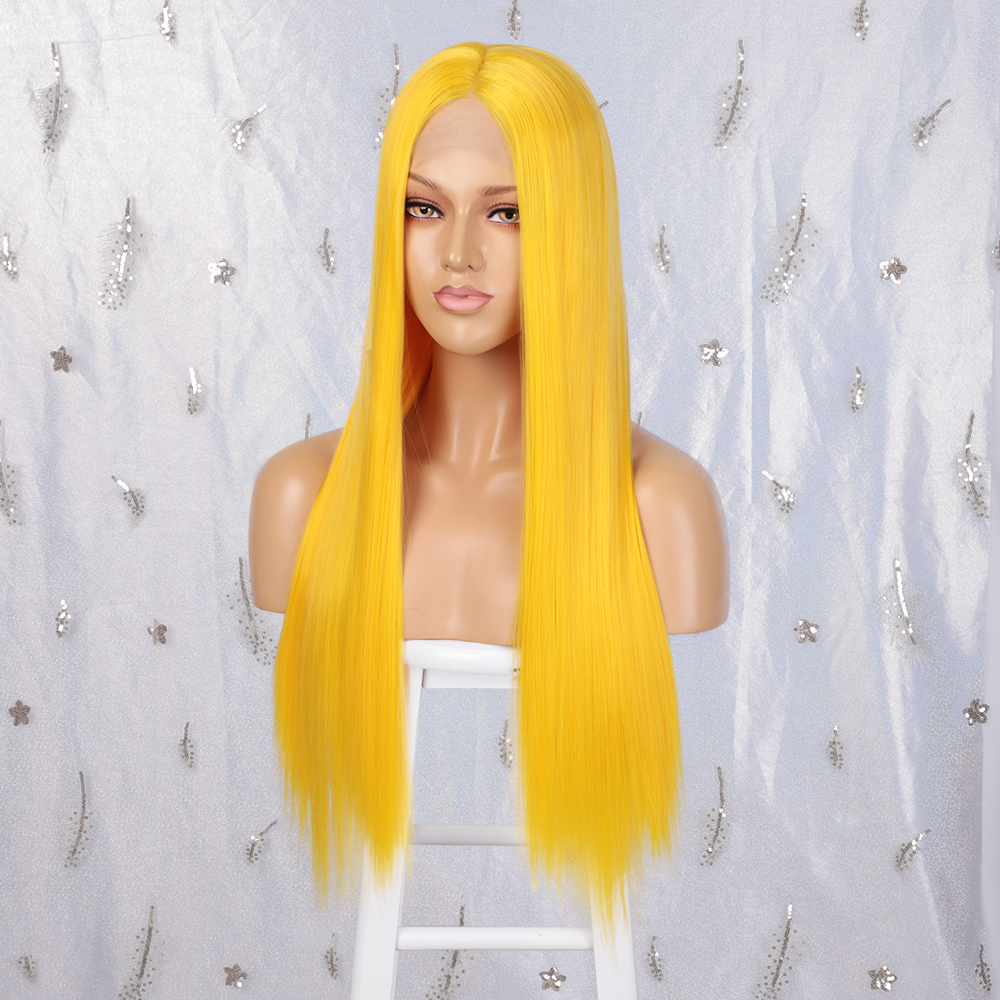 Vigorous Lace Front Wigs for Women Yellow Synthetic Long Straight Wigs Heat Resistant Middle Part Fiber Natural Looking