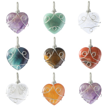 Gemstone 30MM Love Heart Wrapped Steel Wire Stone Pendant