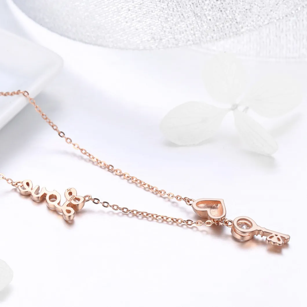 Rose Gold Plated The Key Shape CZ 925 Sterling Silver Pendant Necklace Jewelry