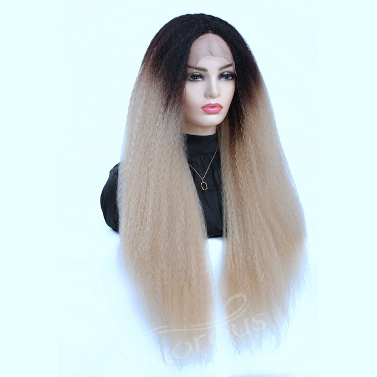 Vigorous yaki wholesale high quality raw material ombre dropshipping afro kinky curly synthetic lace frontal wig for women