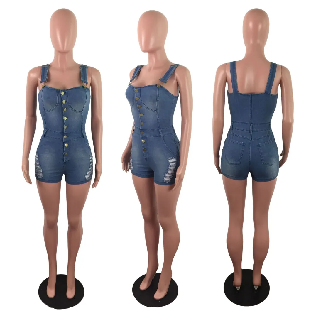 New European and American Denim Slimming Jumpsuit Spray White Hole Denim Shorts Wholesale